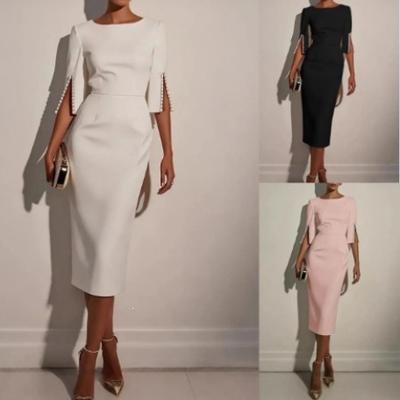 Evropské a americké nové jednobarevné elegantní dojížděcí korálkové štíhlé hip šaty středně dlouhé šaty dámské