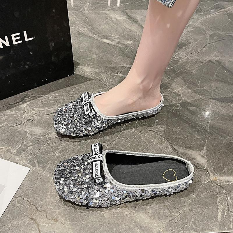 Fashion Glitter Slides Shoes Woman 2024 Slippers Flat Low Female Mule Pantofle Cover Toe Jelly Mules New PU Bling Crystal Rubber Rome Ho