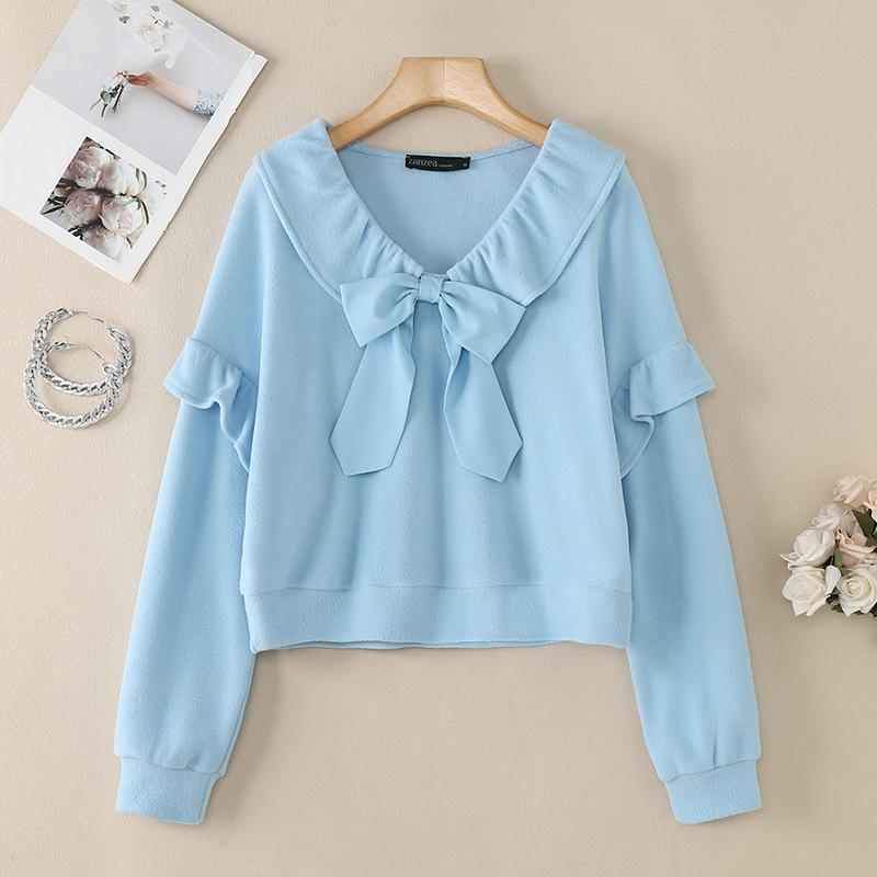 

ZANZEA Женская корейская повседневная блузка с V-образным вырезом и бантом, свободного кроя, с длинным рукавом XL синий