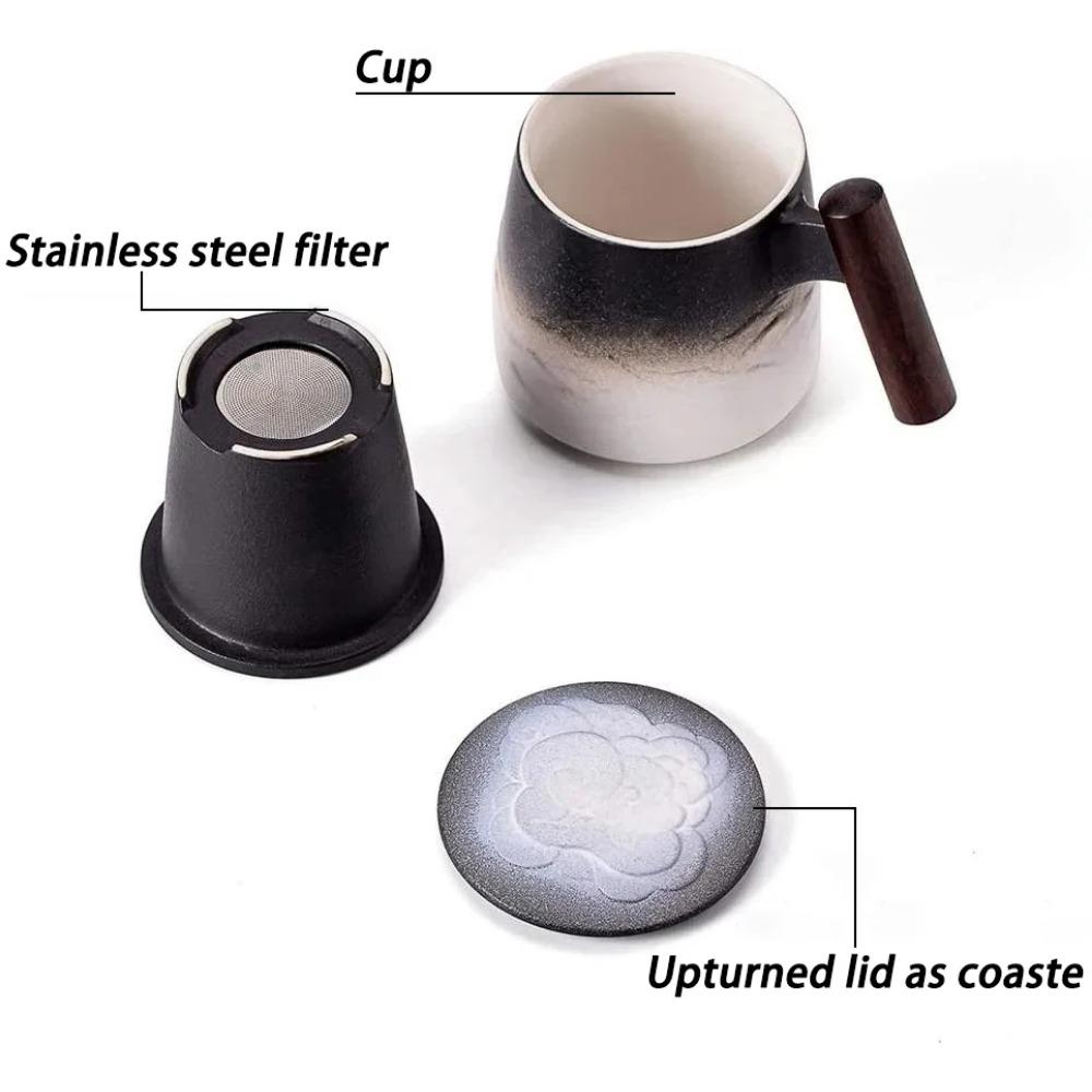 Vintage Ceramic Mugs Wooden Handle Tea Cups with Strainer and Lid Portable Unusual Coffee Mug Personalized Gifts for Father