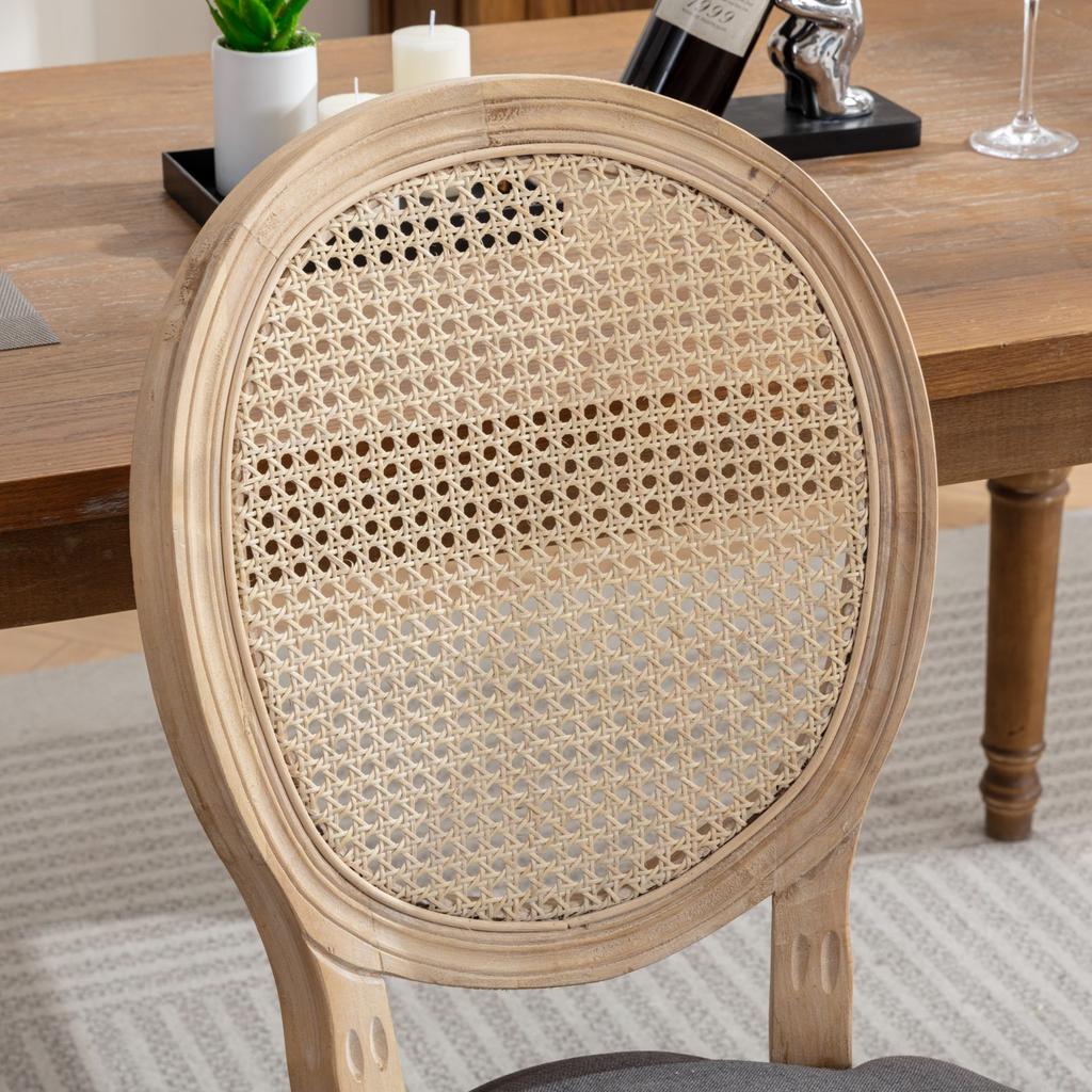 French Style Solid Wood Frame Antique Painting Linen Fabric Rattan Back Dining Chair, Set of 2,Gray ,DE1843DG