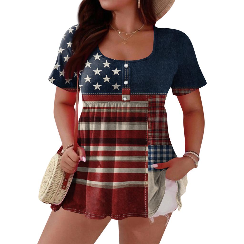 Women's Fashionable Casual Short Sleeve Loose Fit Button Front Printed Blouse