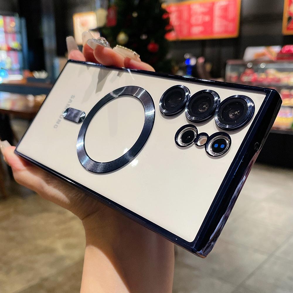 

Plating Magnetic Transparent Case For Samsung S25 S24 Ultra S23 Plus S22 S21 FE Note 20 Wireless Charge Lens Protection Cover For S25 Plus темно-синього кольору