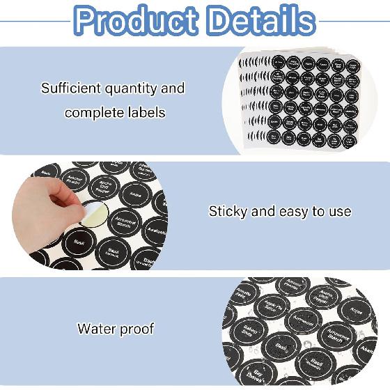 432pcs Spice Labels - Black, 1.4in Round, Waterproof, Preprinted & Blank for Jars, Caps & Organizers