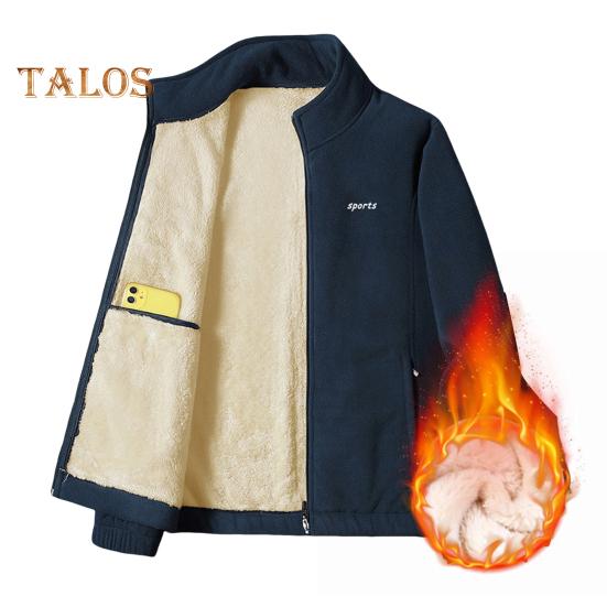 Men Jacket Stand Collar Long Sleeve Thickened Velvet Lined Warm Winter Coat with Pockets Zipper Placket Cotton Jacket