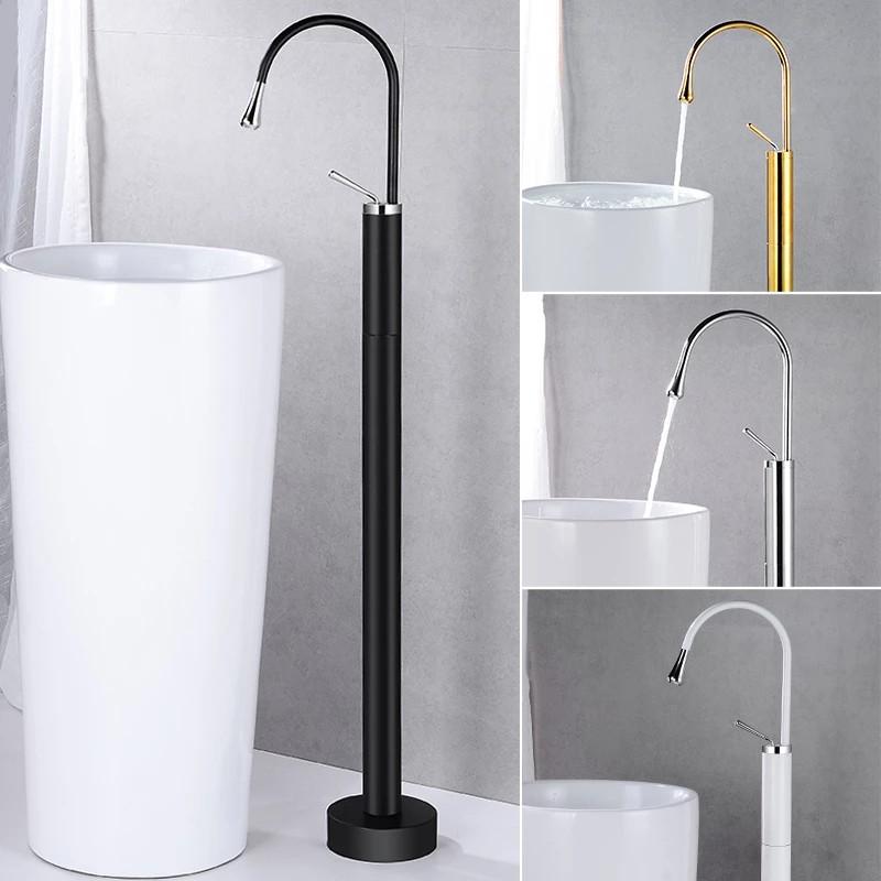 Tuqiu Black Bathroom basin Faucet Brass Floor Standing Bathtub Faucet Sink Mixer Tap super long water drop design gold sink tap