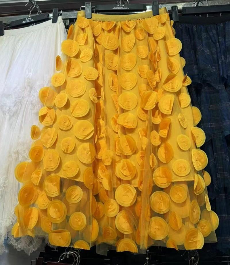 Gonna Tulle Estiva da Donna a Media Lunghezza Ricamata a Pois Tridimensionale ad Ampia Campana