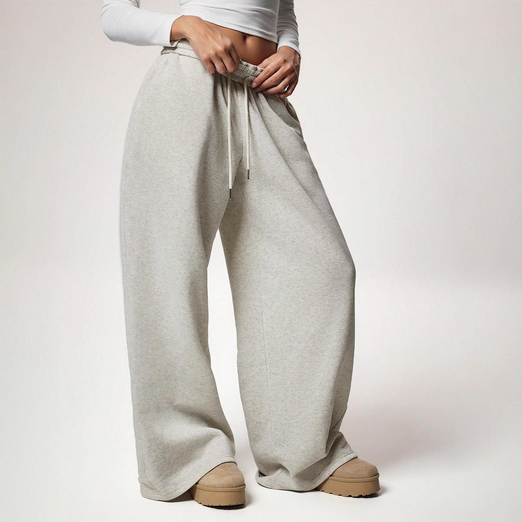 

High Waist Wide Leg Casual Pants with Drawstring Waist in Multiple Colors XS сірий колір