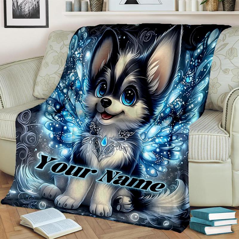 1PC Custom Name Fantasy Puppy Wings flannel blanket versatile,all-season throw suitable for the living room,bedroom,camping,travel,and gift