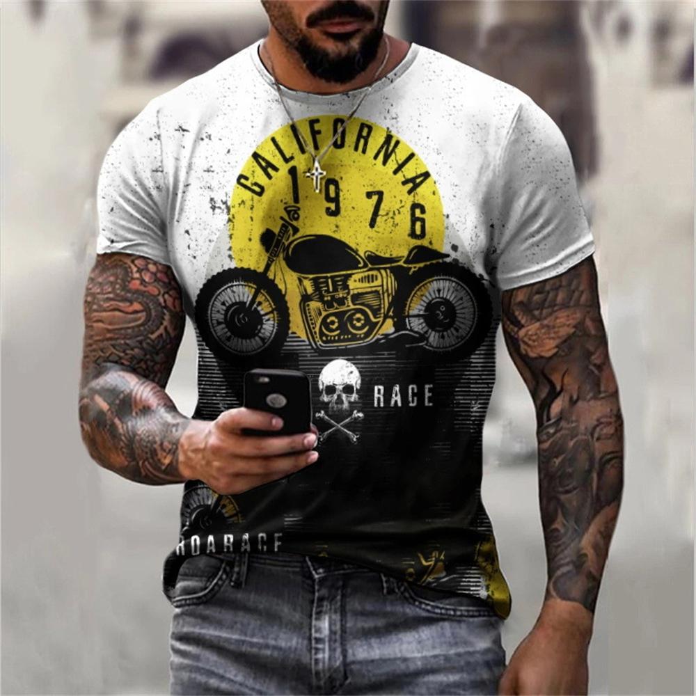 Men's 3D Motorcycle Print Geometric Pattern Digital Tshirt Hip Hop Fashion Oversized O-Neck Tee Top Streetwear Short Sleeve Tops