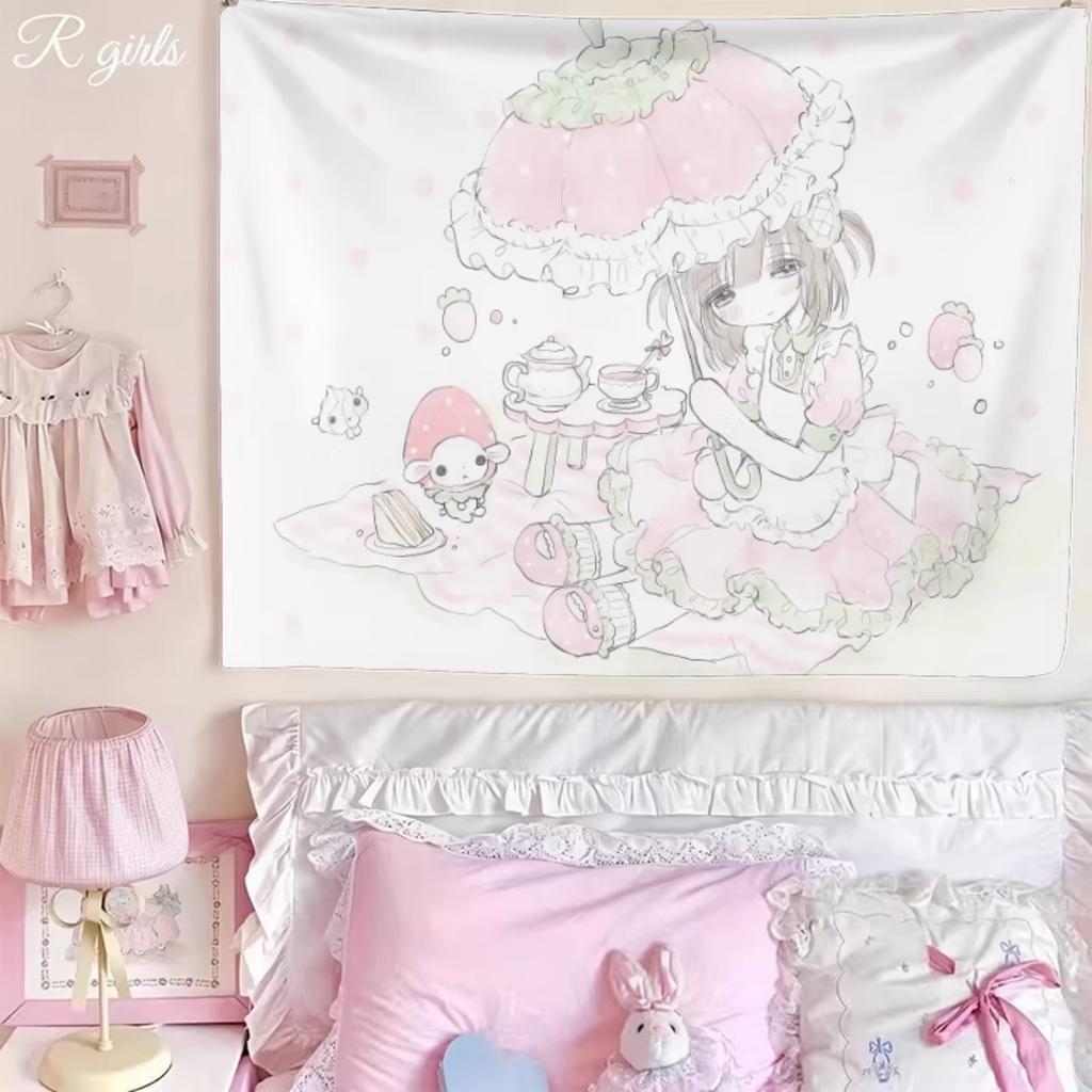 Japanese Anime Angel Girls Tapestry Kawaii Line Art Wall Hanging Ins Style Bedroom Dorm Decor Aesthetic Cute Background Cloth