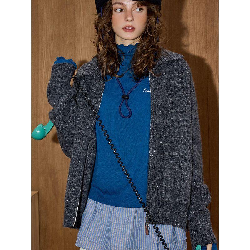 Coolhut Retro Dark Color Lapel Double Zipper Lazy Style Chunky Knit New Cardigan Jacket for Women