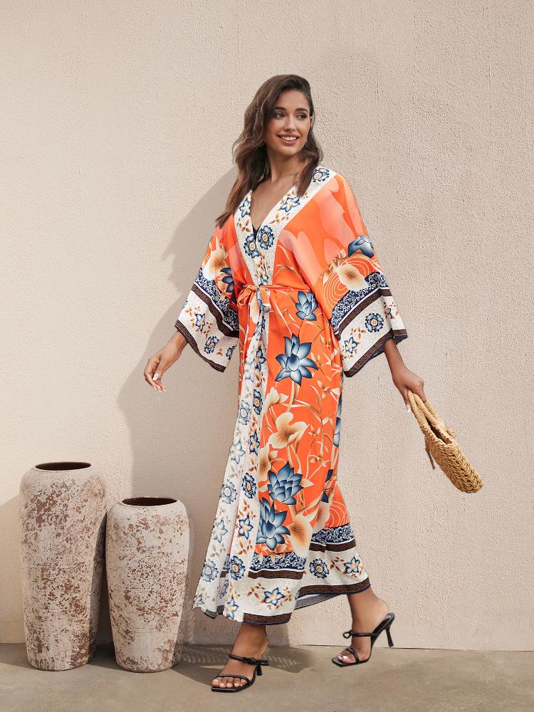 EDOLYNSA 2024 Bikini-Vertuschungen, rosa, Boho-Druck, selbstgürtelnd, vorne offen, langes Kimono-Kleid, Strand-Tunika, Damen-Badeanzug-Vertuschung