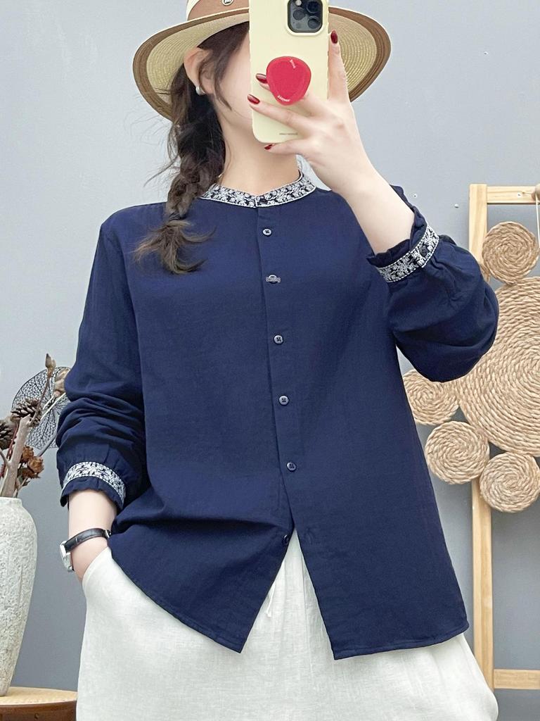 Women's Long Sleeve Stand Collar Embroidered Cotton Gauze Shirt - Ethnic Style, New Chinese Trend