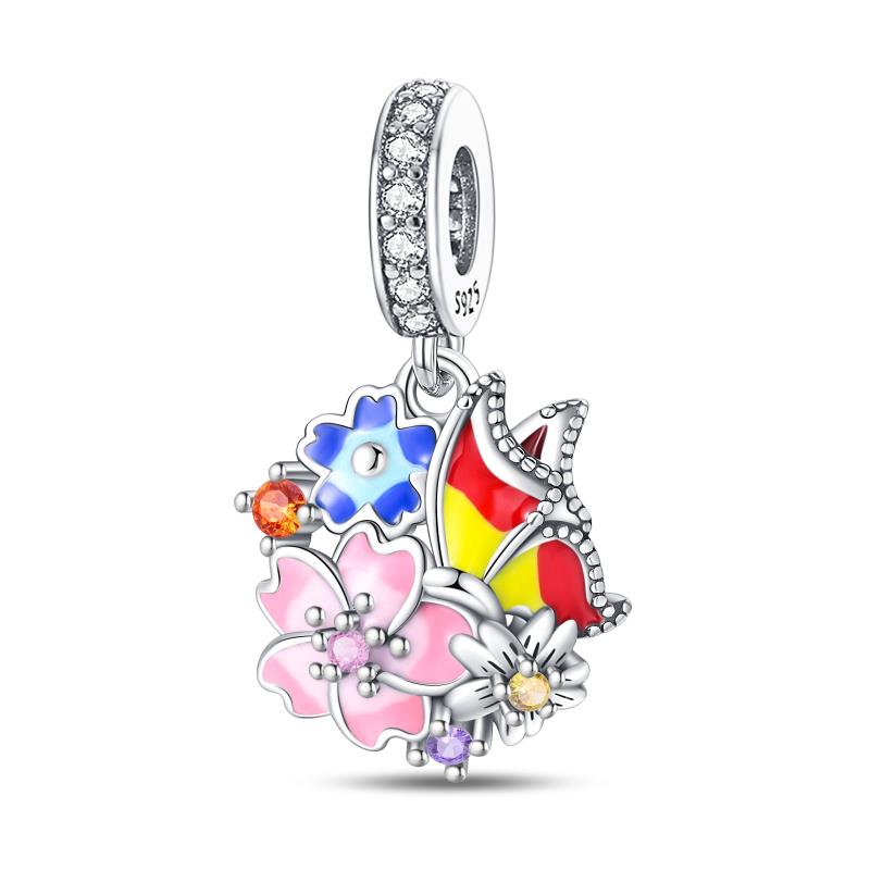 Suitable For Pan Original Braceletcopper Colorful Flowers Gemstone Butterfly Spring Charm Beads Exquisite Diy Jewelry