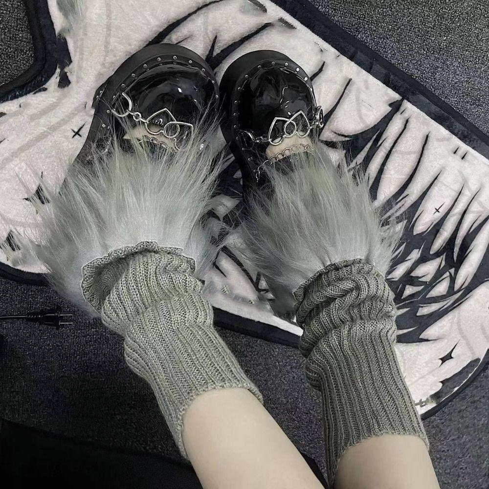 

Solid Color Knitted Foot Cover Patchwork Stockings Women Elastic Plush Leg Warmers Female