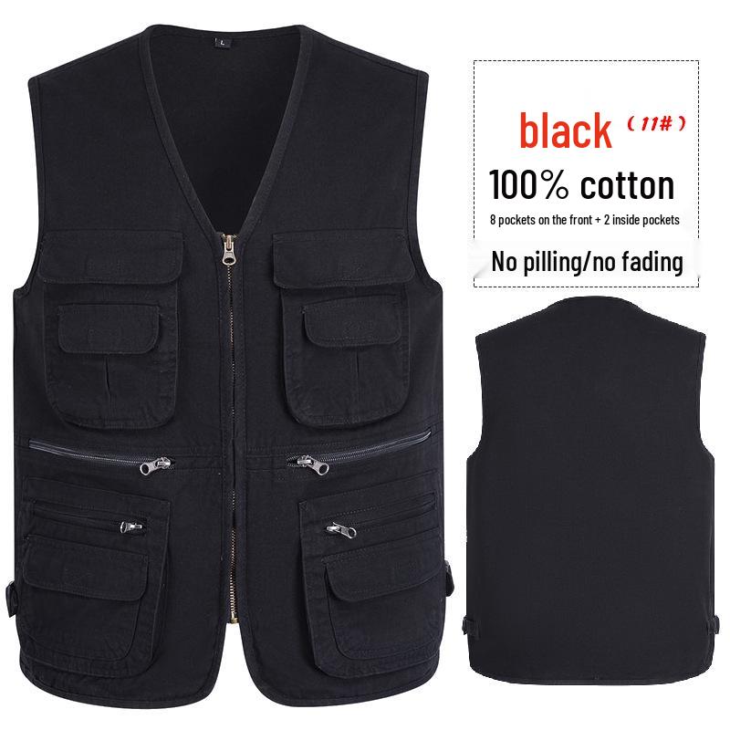 Men's Army Green Multi-Pocket Cotton Tank Top, Plus Size 10XL, Spring/Autumn Wear