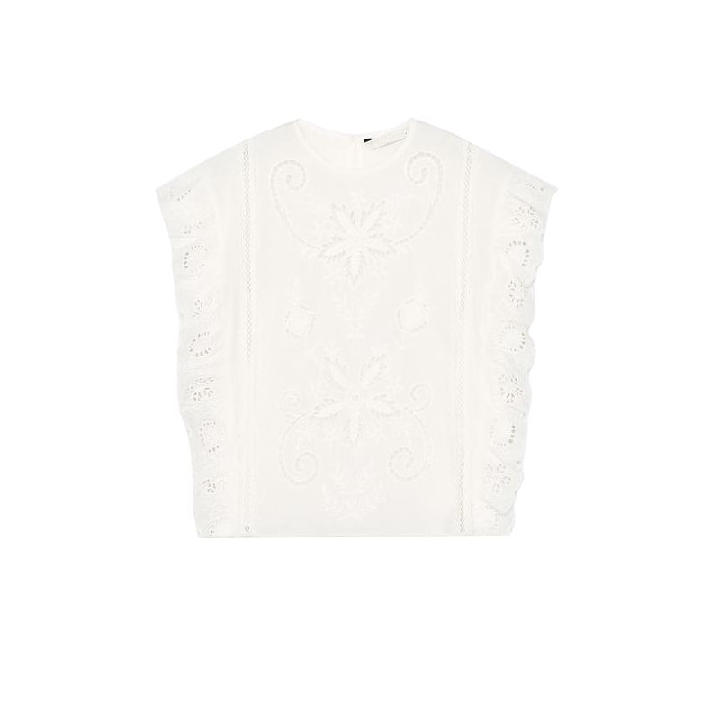 

Spring and Summer New Women clothes French style Design round Neck Sleeveless Romantic Embroidery Hollow Top 5107051 Ben White L