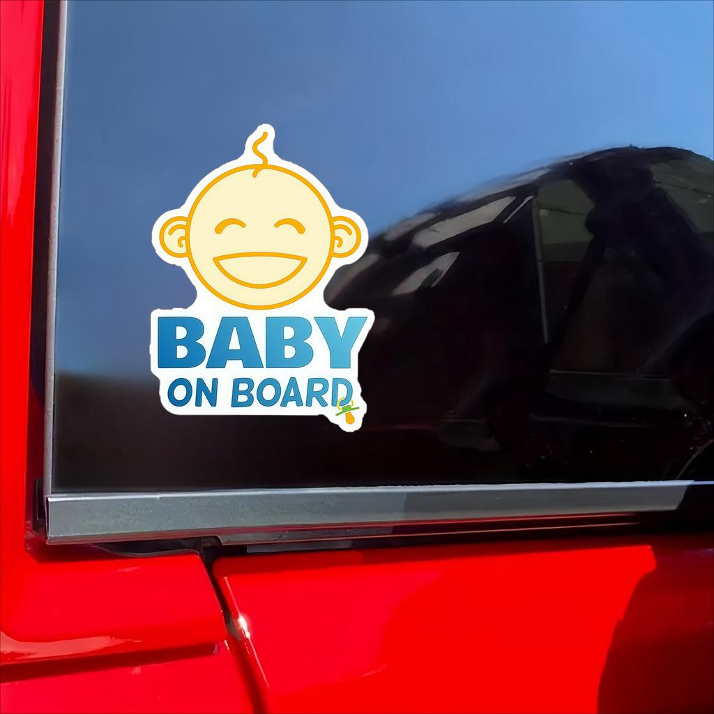 Baby On Board Car Sticker - Smiling Infant Face Design, Blue & Yellow Text, Waterproof Decal for Car Window Safety Reminder