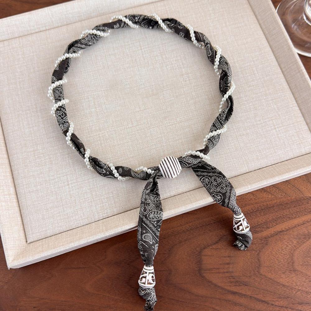 

Pearl Scarf Silk Scarf Necklace Vintage Flower Print Collar Scarf Overcoat Jewelry