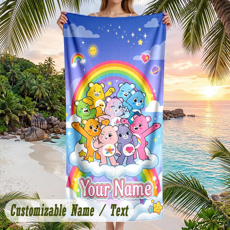 Care Bears Strandtuch, Personalisierter Custom-Text, Schnelltrocknendes Weiches Großes Handtuch für Schwimmbad Reisen