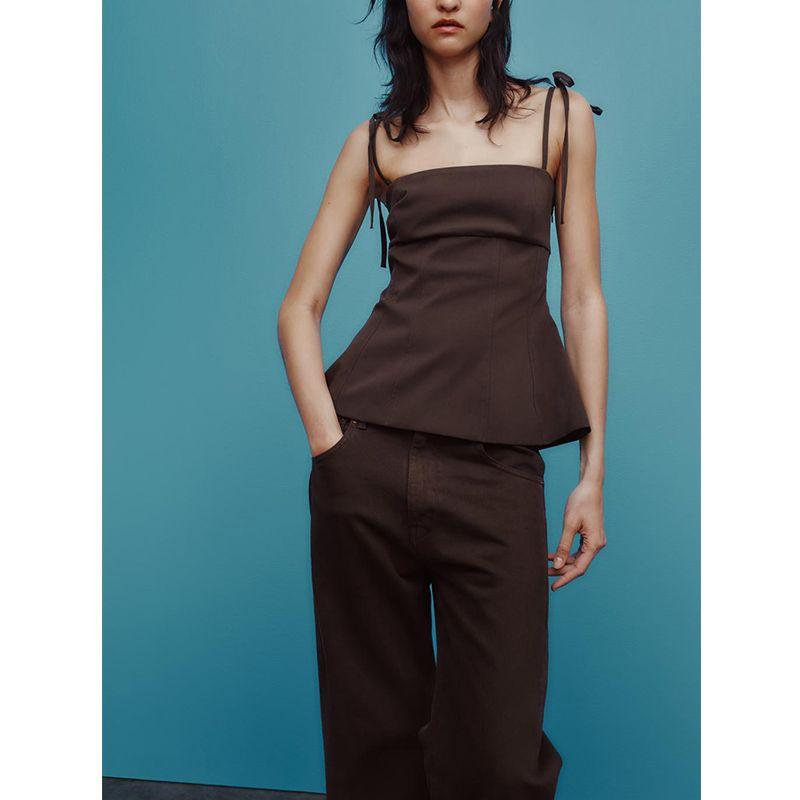 Summer New Product Women's Clothes Minimalist Style Patchwork Lining Bowknot Decoration Straight Collar Silm Tops 3120422