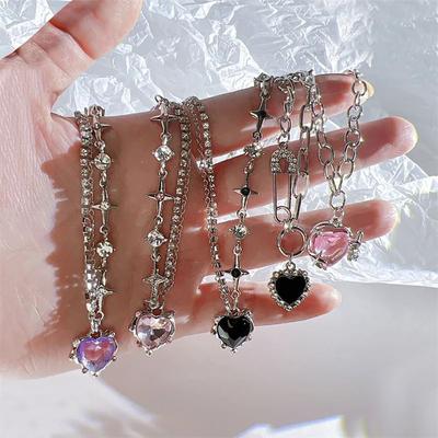 Alloy Crystal Heart Necklace Multilayered Punk Style Necklace Y2K Clavicle Chain  Women Girls