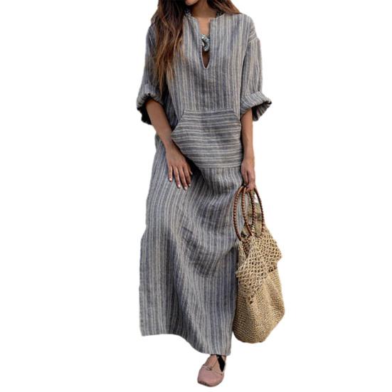 Damen Sommer Boho Gestreiftes Baumwoll-Leinenkleid Lässig Kurzarm Strand Maxikleid mit Vordertasche