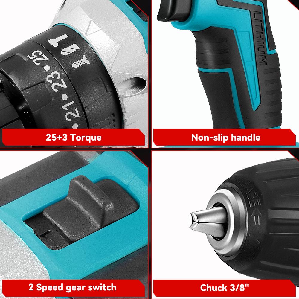 ONEVAN Electric Impact Drill 25+3 Torque 500W Cordless Electric Screwdriver Woodworking Power Tool For Makita 18V Battery Pin