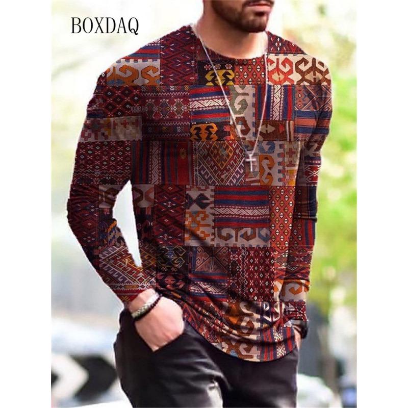 Langarm T-Shirts für Herren im Vintage-Stil Frühling Herbst 3D-Druck Street Übergroße Oberteile 6XL Übergröße Locker Lässig Rundhals T-Shirt