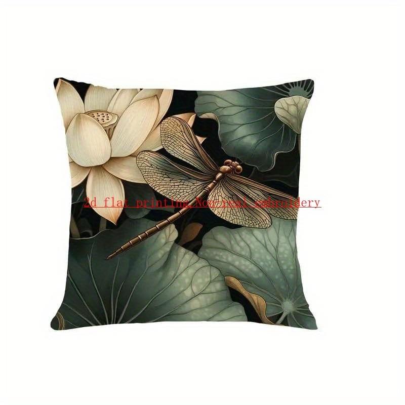 Vintage Lotus & Dragonfly Pillowcase: Elegant Dark Botanical-Themed Cushion Cover For Oriental Zen Home Sofa Decor
