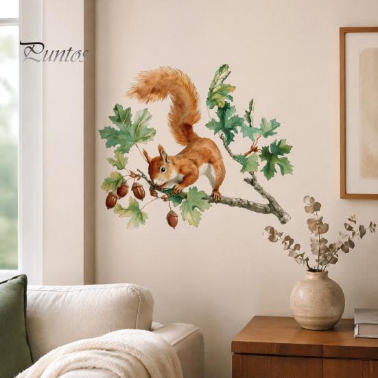 Natur-Thema Wohnkultur Aquarell Eichhörnchen Wandaufkleber, Niedlicher Ast Wandaufkleber, Weiche Illustrationsaufkleber Waldtier Wandbild Kunst für Wohnzimmer