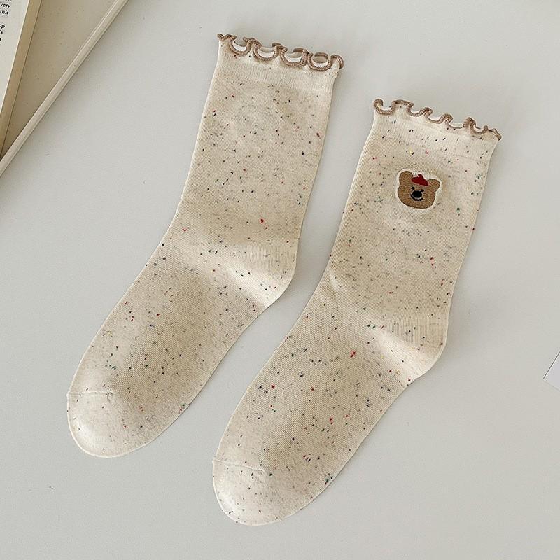Socks Pure Cotton Stacking Socks Season Idea Yarn Cute Embroidery Cartoon Fungus Edge Cotton Medium Tube Socks