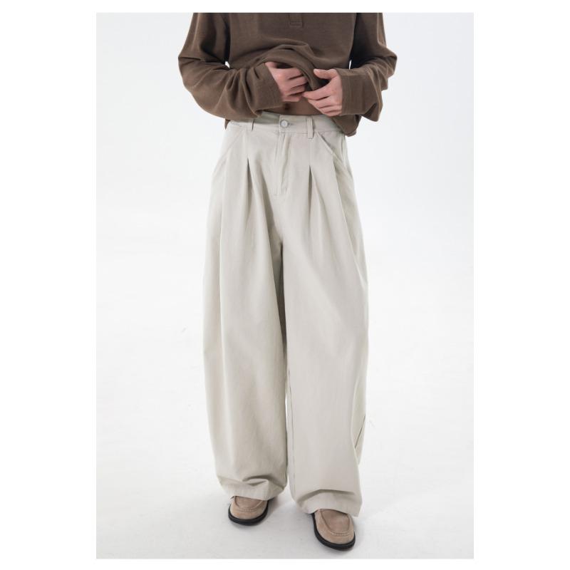Heren Katoenen Casual Broek Losse Rechte Pijp Dubbele Plooizakken