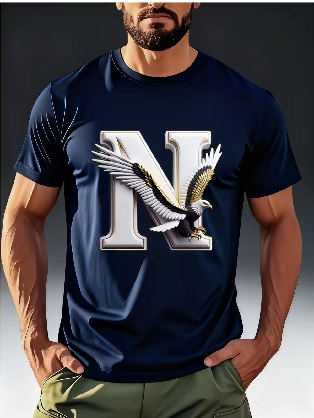 Men s  N  Letter & Eagle Print T-Shirt - Strength-Themed Design XXXXL
