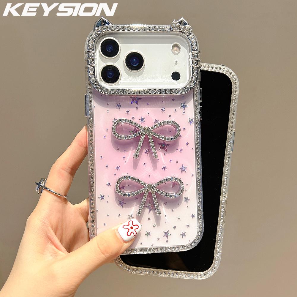 KEYSION Cute 3D Cat Ear Transparent Phone Case for iPhone 14 15 Pro Max 14 15 Plus Glitter Jewelled Bowknot Shockproof Back Cover