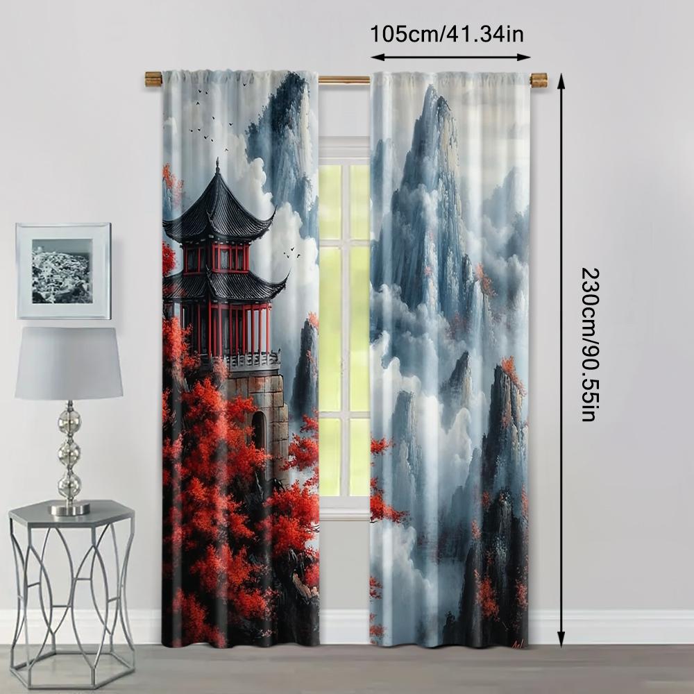 2pcs, Window Curtain 2D Print Glam Style Japanese Landscape Printed 100% Polyester (without Rod) Art Deco Festive for Living