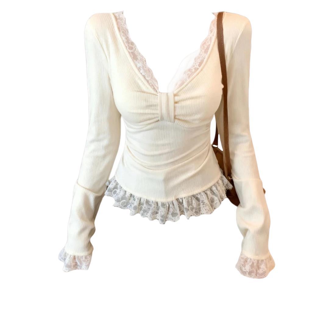 Plus Size V-Neck Lace Patchwork Slimming Long-Sleeve Top XL (120-140) абрикосовый
