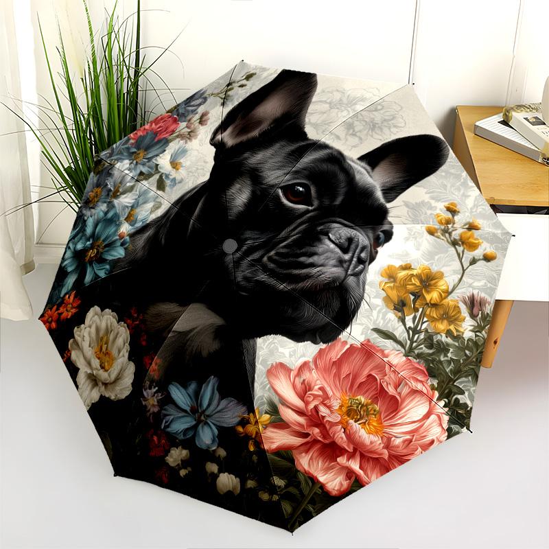 0106 Floral Black Dog  pattern, automatic folding umbrella, portable and foldable design, 8 ribs, a Christmas or birthday gift.