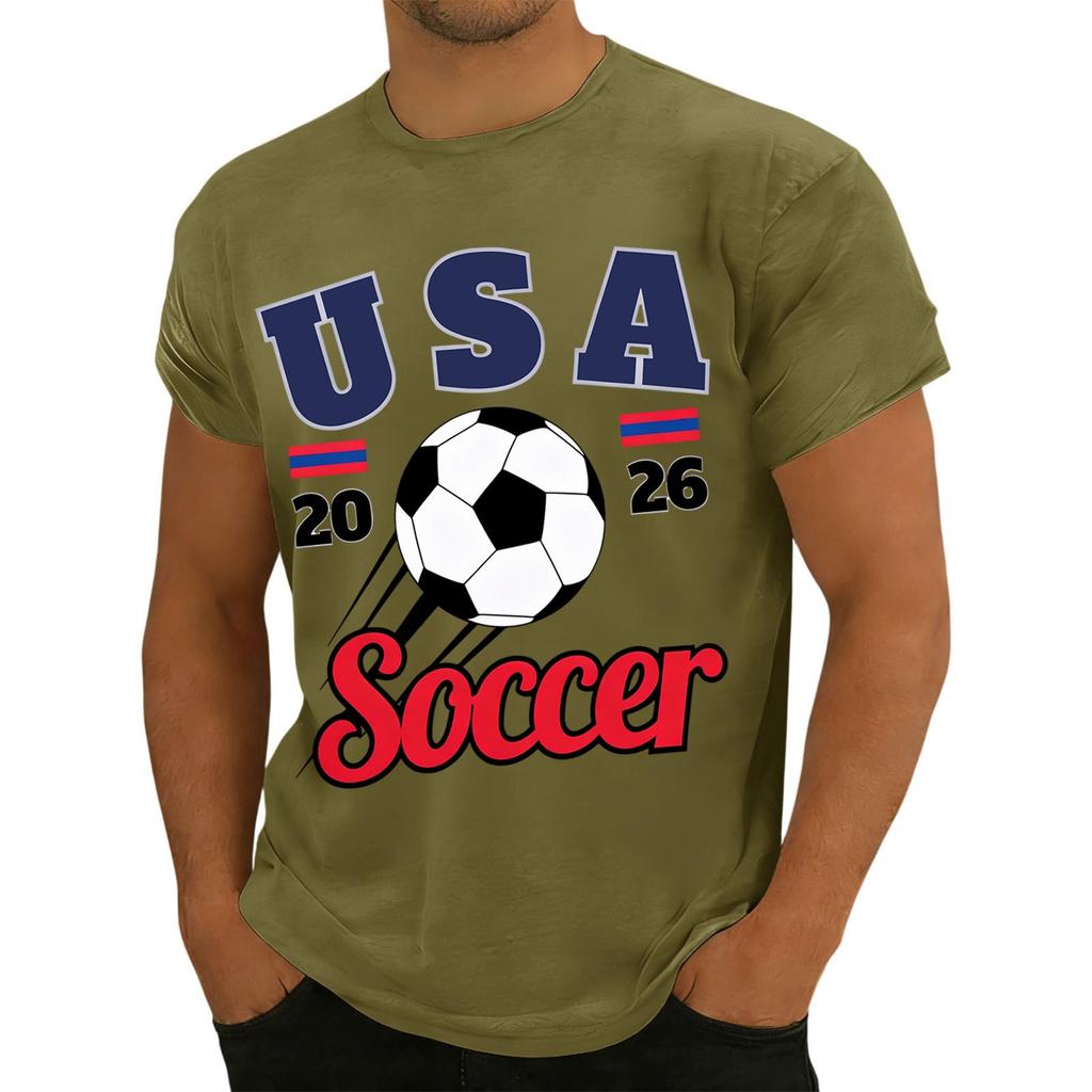 Men’s Casual Crew Neck Printed Short Sleeve Lightweight Breathable Top with USA 2026 Soccer Letter Graphic Design