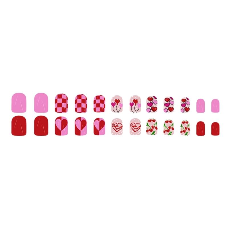 24 Pcs Short Square Press On Nail Valentines Day False Nail Glossy Artificial Nail Heart Full Cover Stick on Nail