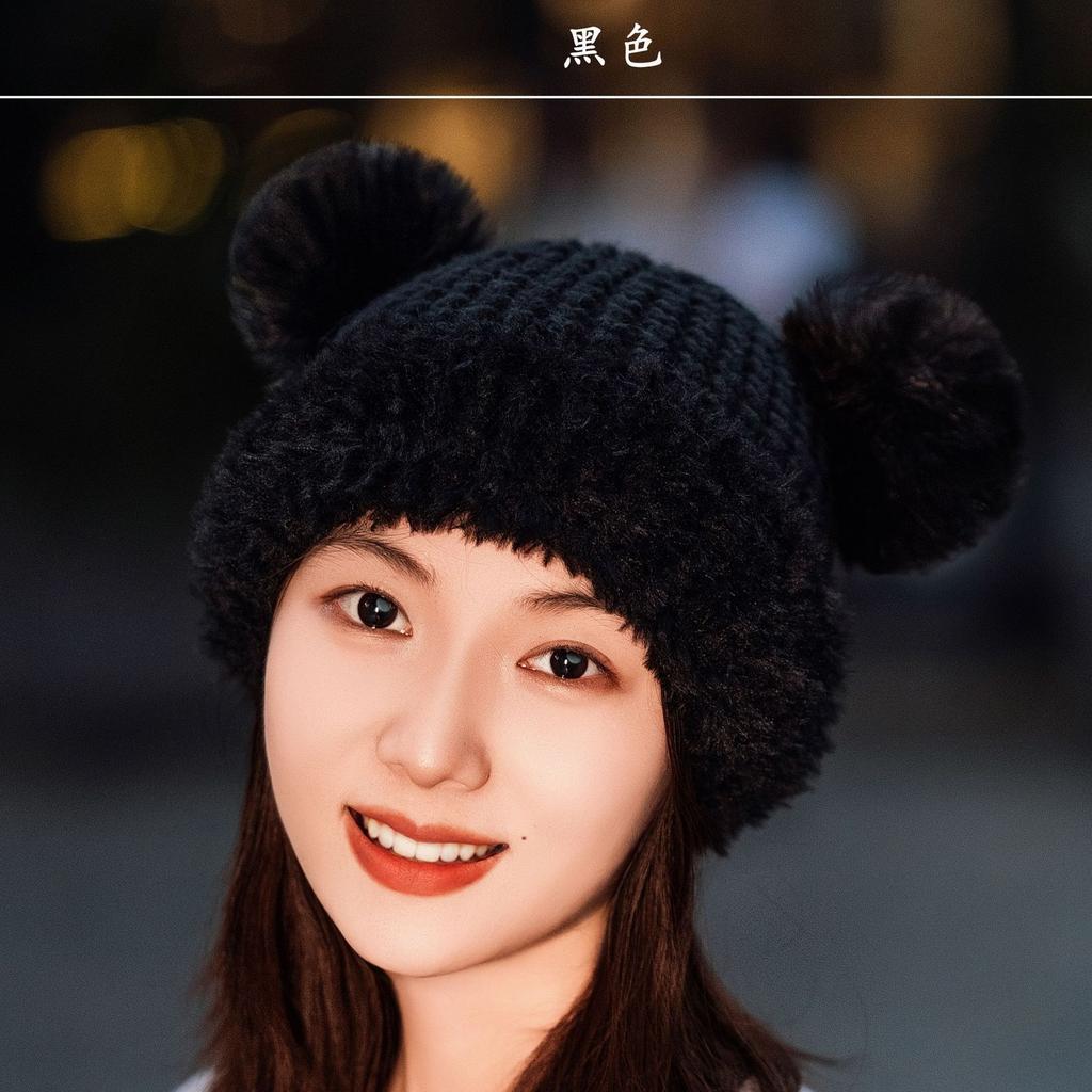 Plush Hat Female Winter Cute Bear Ears Striped Contrasting Color New Sweet Contrasting Color Knitted Wool Hat