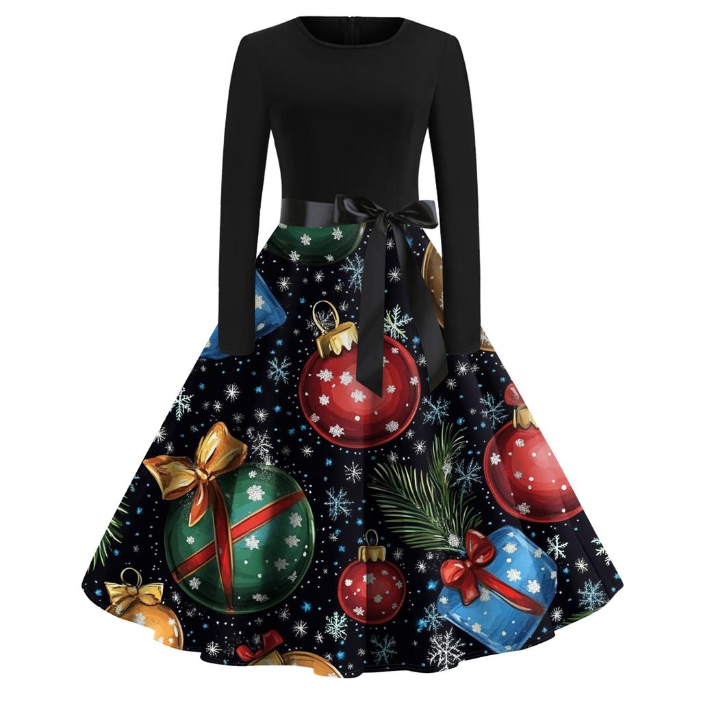 Women's Fashion Round Casual Slim Fit Christmas Print Large Swing Long Sleeve Dress