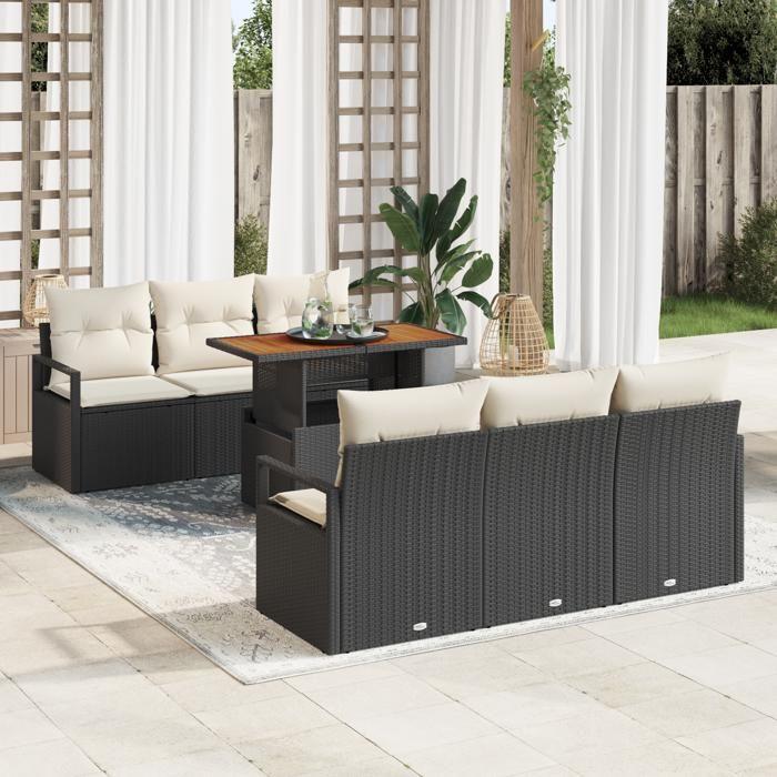 Ensemble de 7 Canapés de Jardin avec Coussins Rattan Poly Noir, Canapé de Jardin 2 Places avec Rangement et Coussins Rattan 3358392