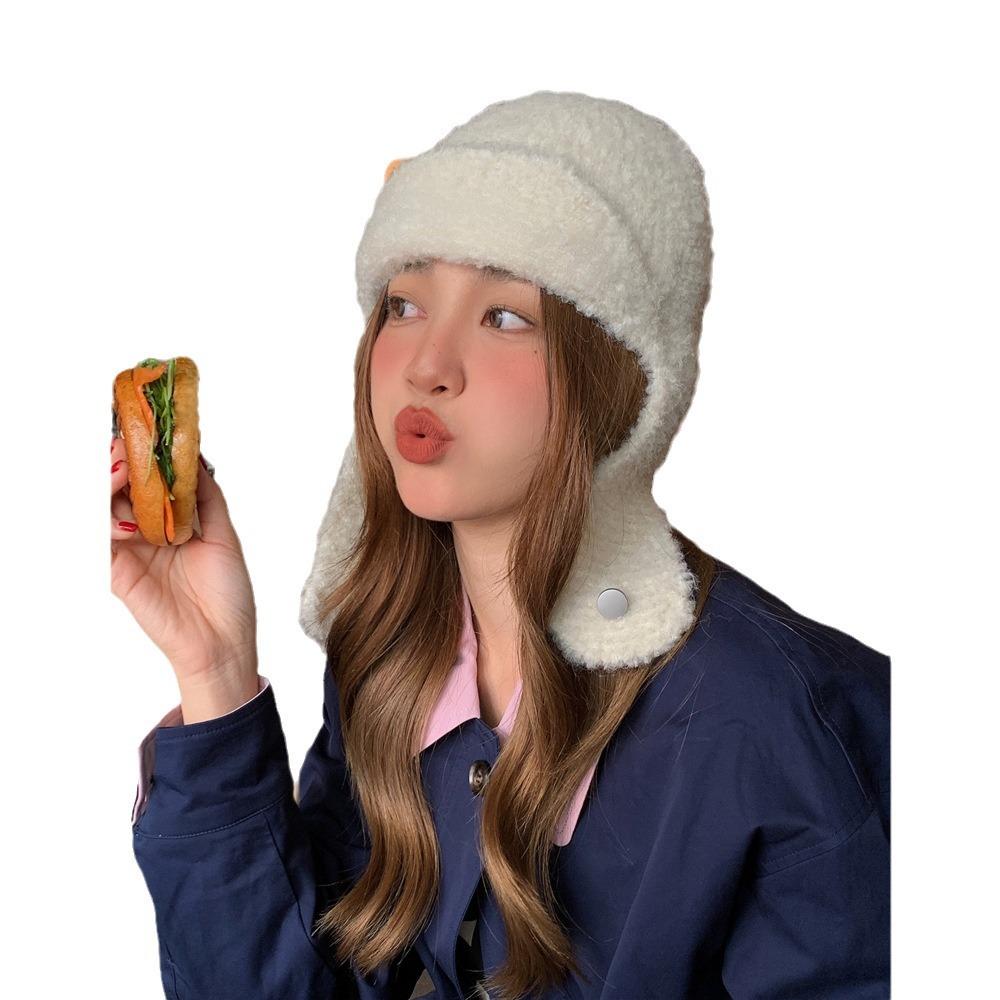 Knitted Looped Wool Cute Flying Hat for Women Winter White Ear Protection Warm Wool Lei Feng Hat