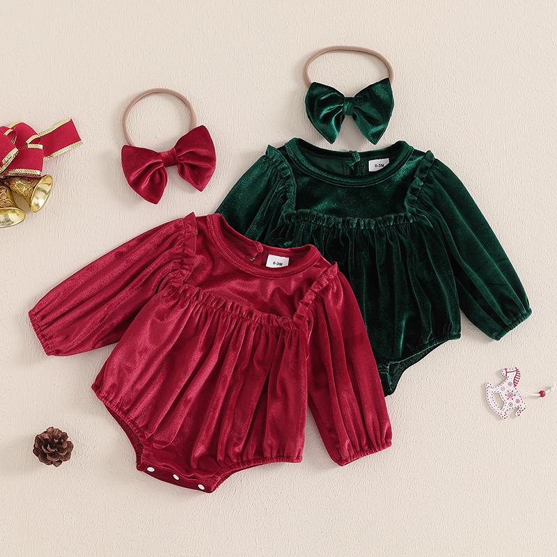 Newborn Baby Girls Romper Christmas Clothes Solid Color Round Neck Long Sleeve Velvet Jumpsuits with Headband Xmas Outfits