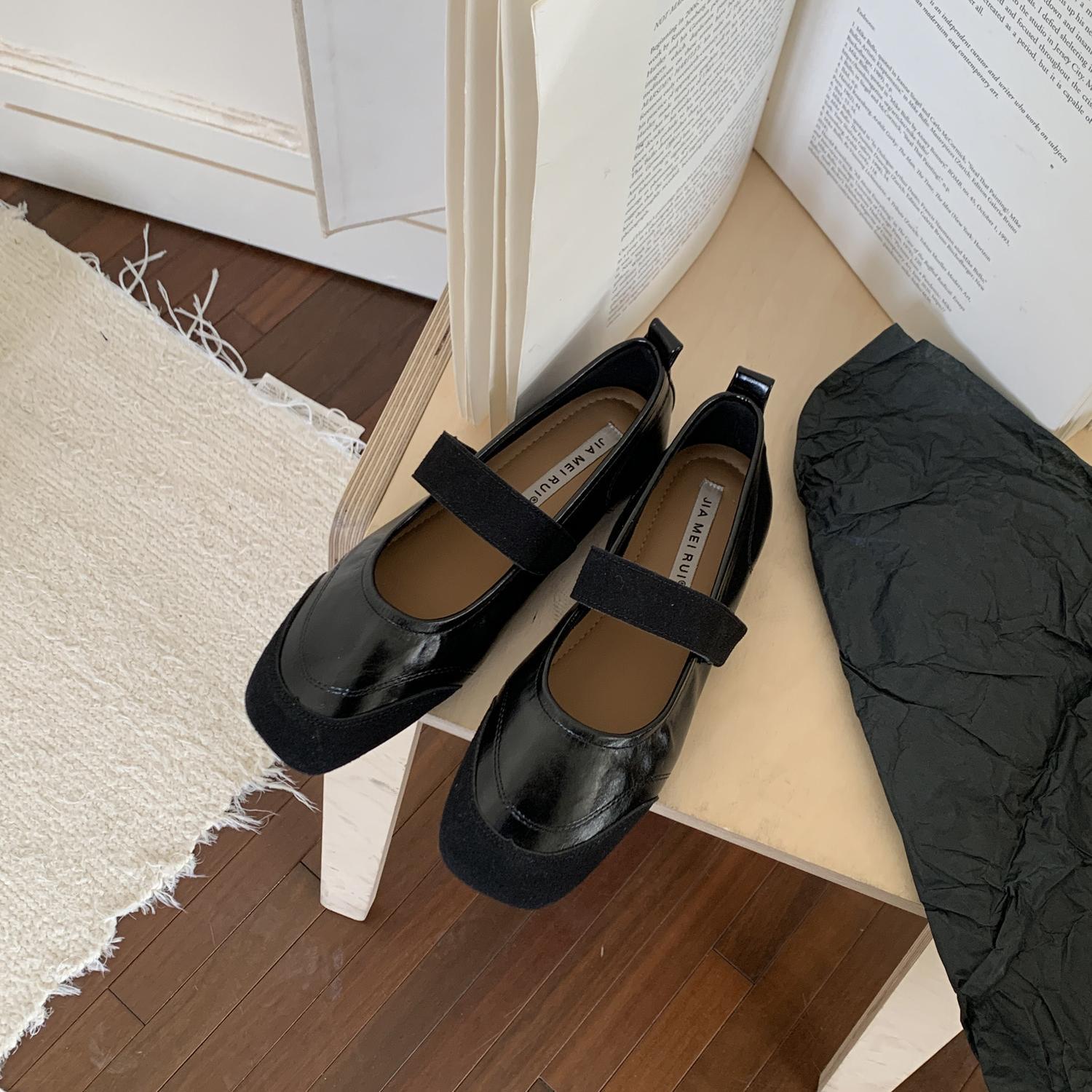 

IPPEUM Women Ballet Flats Shoes Square Toe Buckle Black PU Leather Vintage Ballerina Shoes 245 чёрный