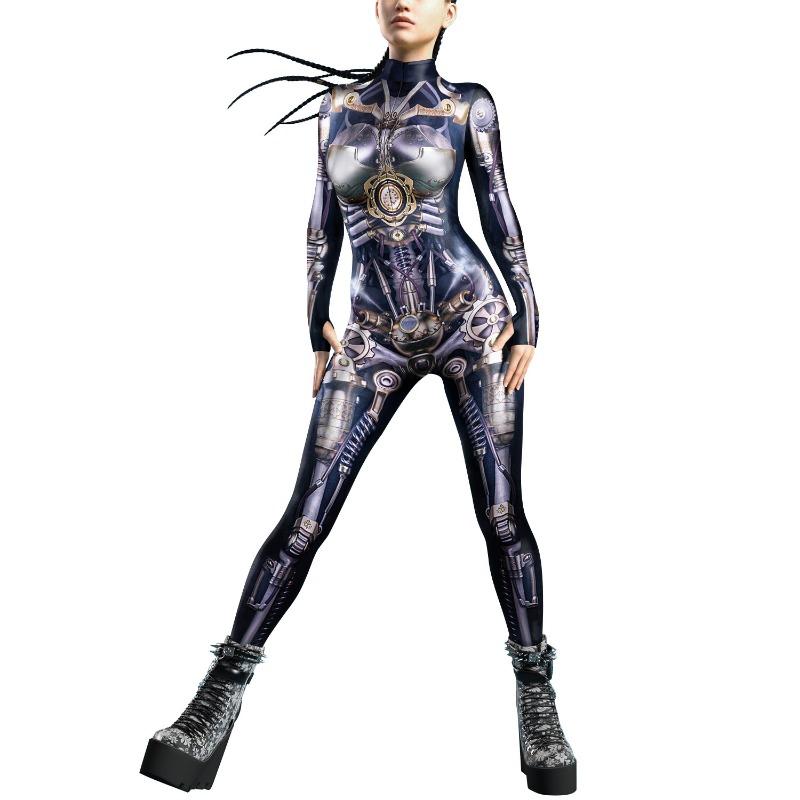 Halloween Costume Clock Gear Digital Printing Steampunk Tights Onesie Woman