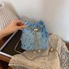 Ling Grid Řetízková Kbelíková Taška, Jednoduchá Crossbody Taška, Dámská Módní Ramenní Taška se Stahovací Šňůrkou a Střapcem