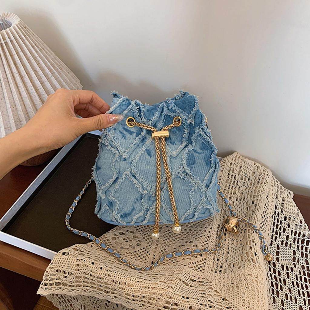 Ling Grid Řetízková Kbelíková Taška, Jednoduchá Crossbody Taška, Dámská Módní Ramenní Taška se Stahovací Šňůrkou a Střapcem